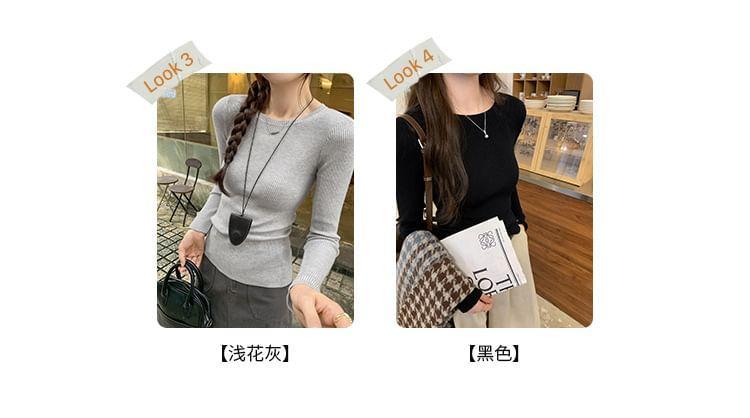 Long-Sleeve Round Neck Plain Ribbed Knit Top Product Image