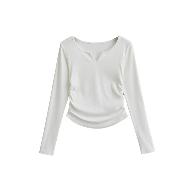 Long Sleeve Notch Neck Plain Ruched T-Shirt Product Image