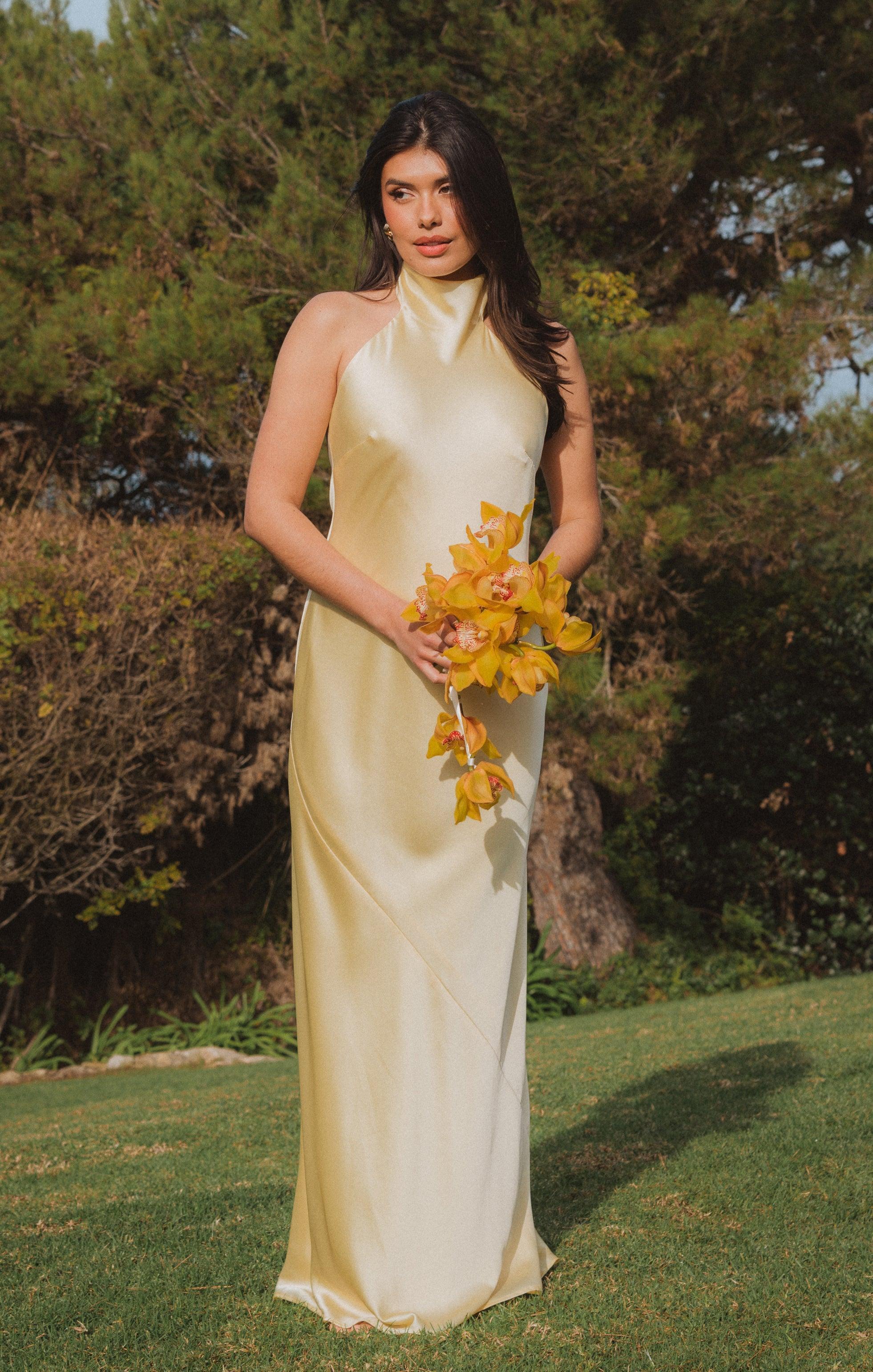 Lisa Maxi Dress ~ Pale Yellow Luxe Satin Product Image