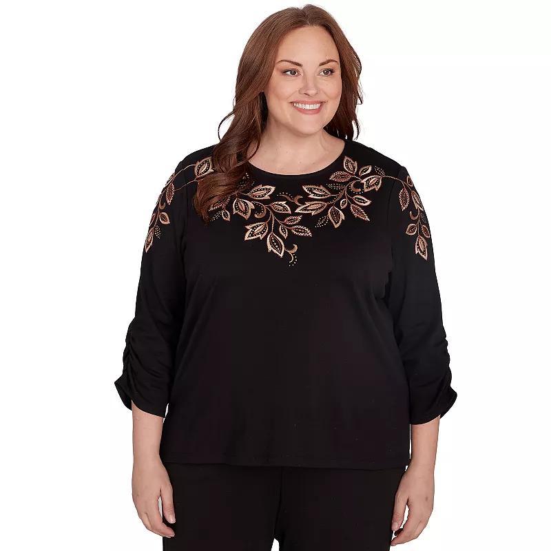 Plus Size Alfred Dunner Ruched Sleeve Leaf Embroidered Sweater Top, Womens Product Image