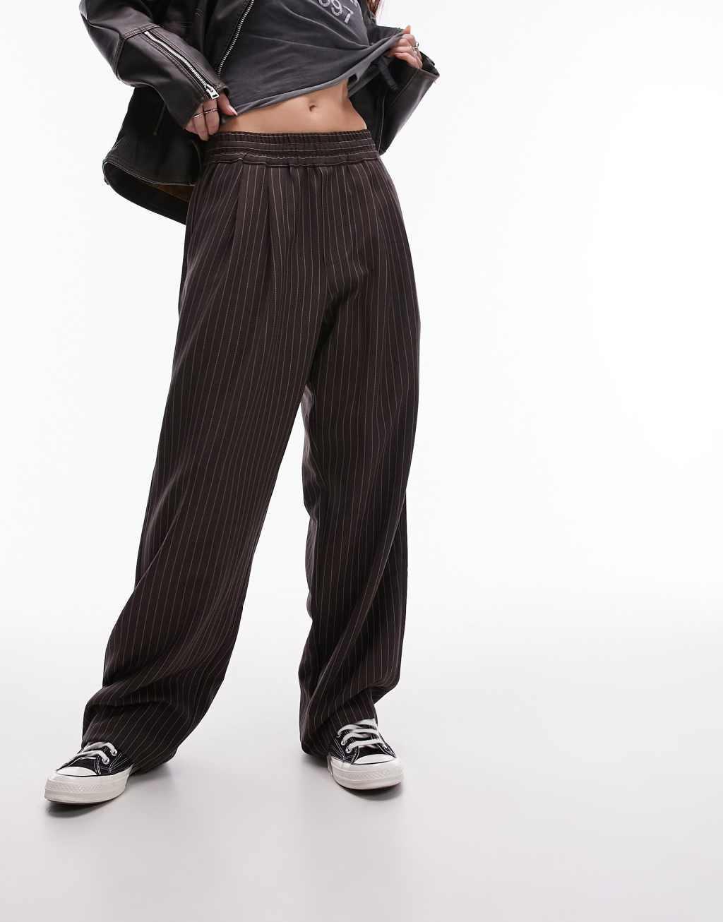 Topshop pinstripe smart sweatpants in chocolate Product Image