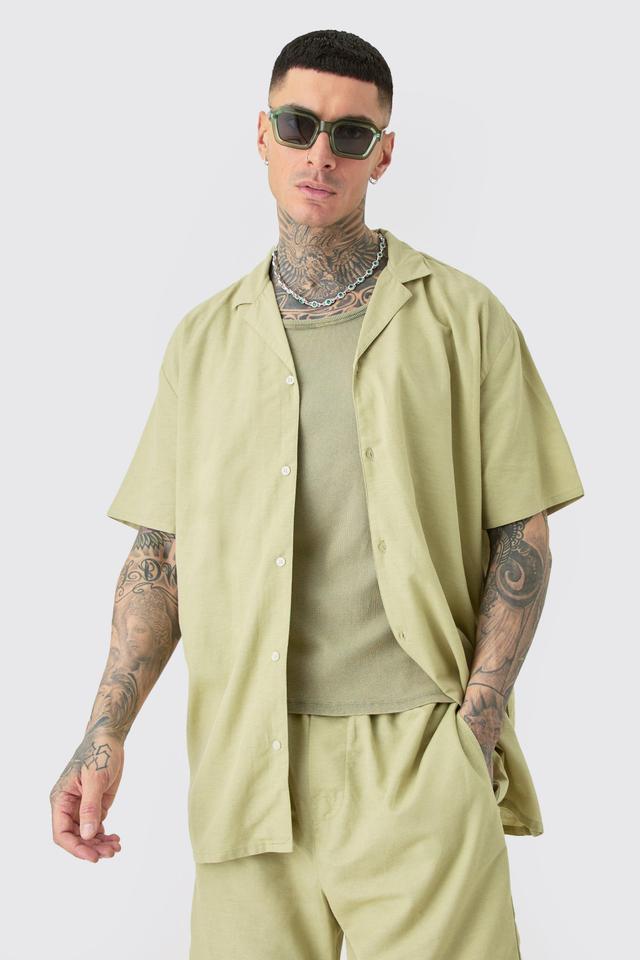 Tall Oversized Linen Drop Revere Shirt & Short Set In Sage | boohooMAN USA Product Image