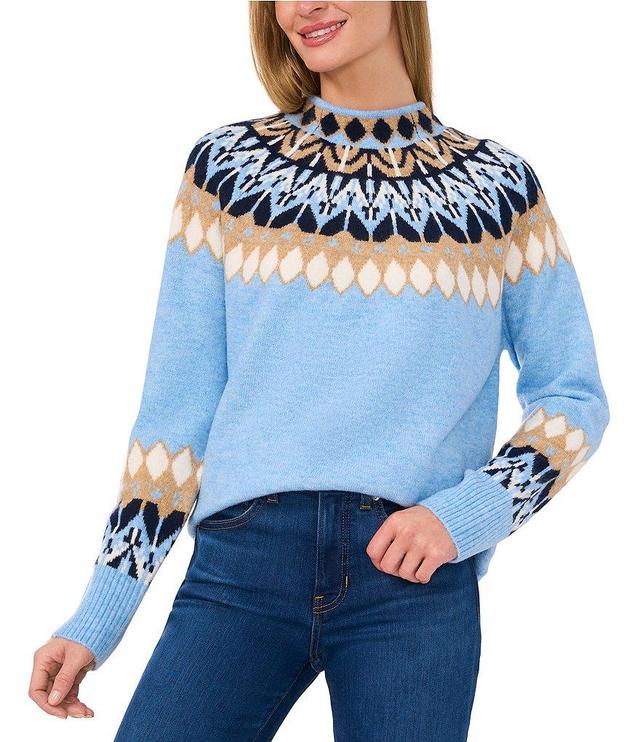 CeCe Jersey Long Sleeve Funnel Neck Fair Isle Print Sweater Product Image