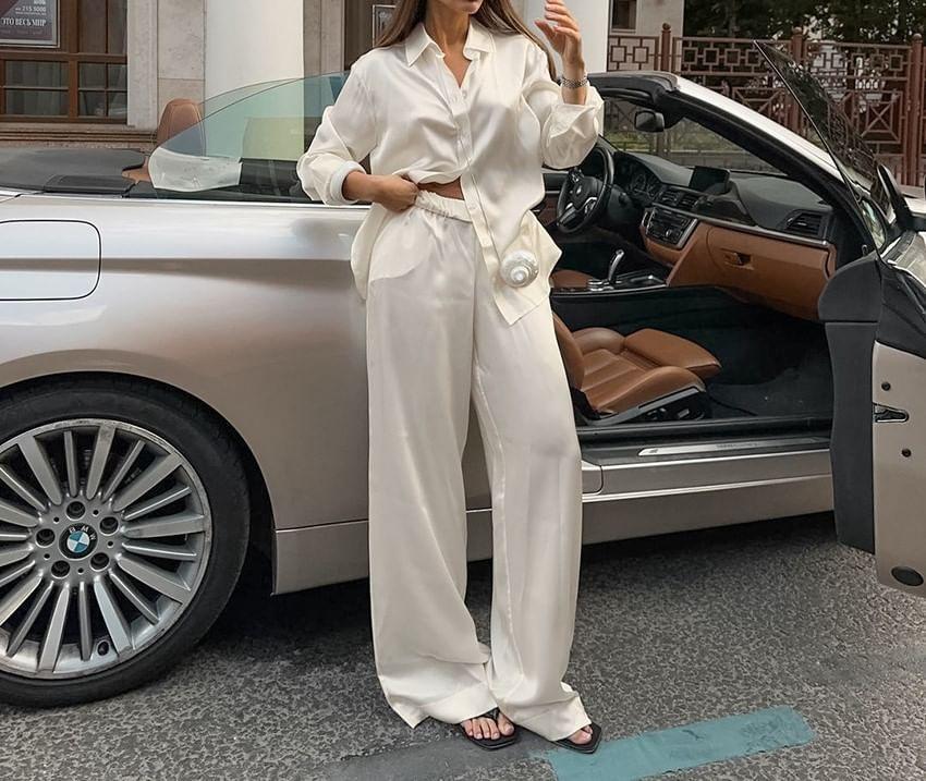 Set: Long-Sleeve Plain Button-Up Shirt + High Rise Wide Leg Pants Product Image