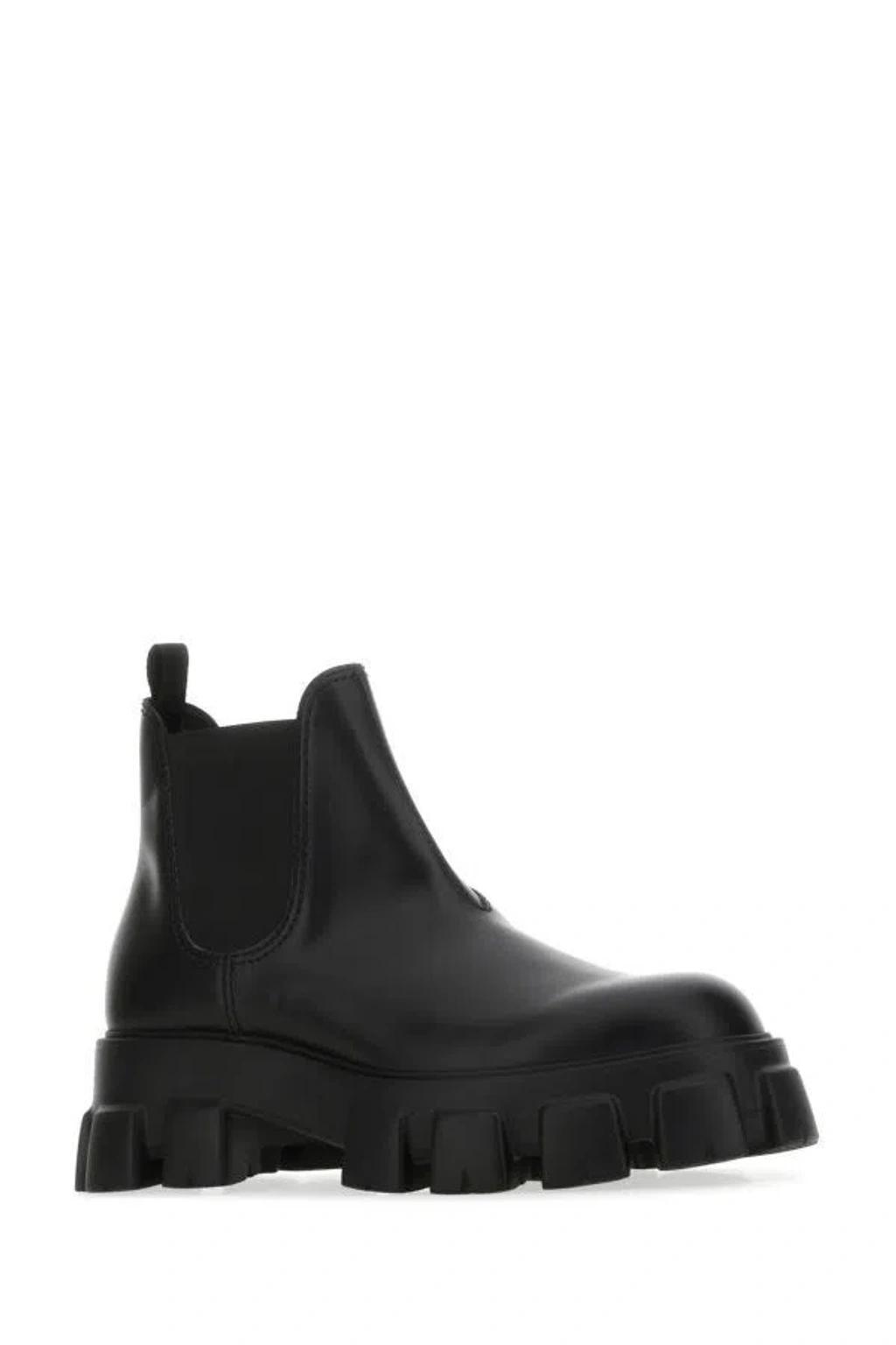 PRADA Man Black Leather Monolith Ankle Boots Product Image