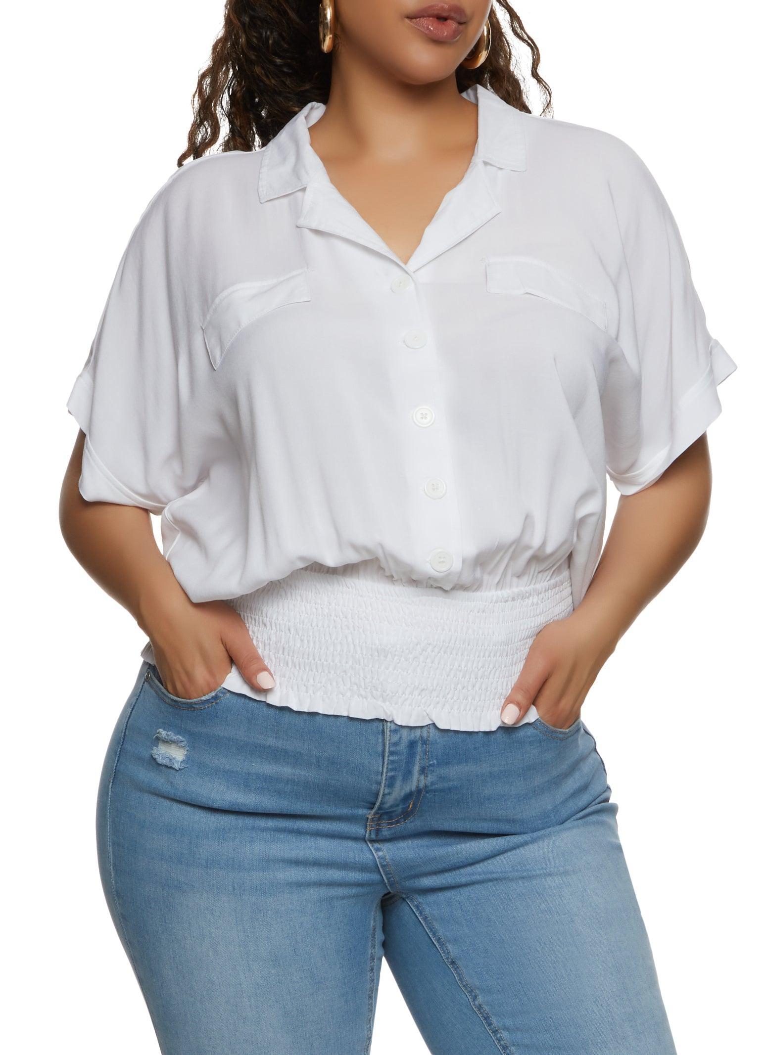 Womens Plus Size Smocked Button Front Blouse Product Image