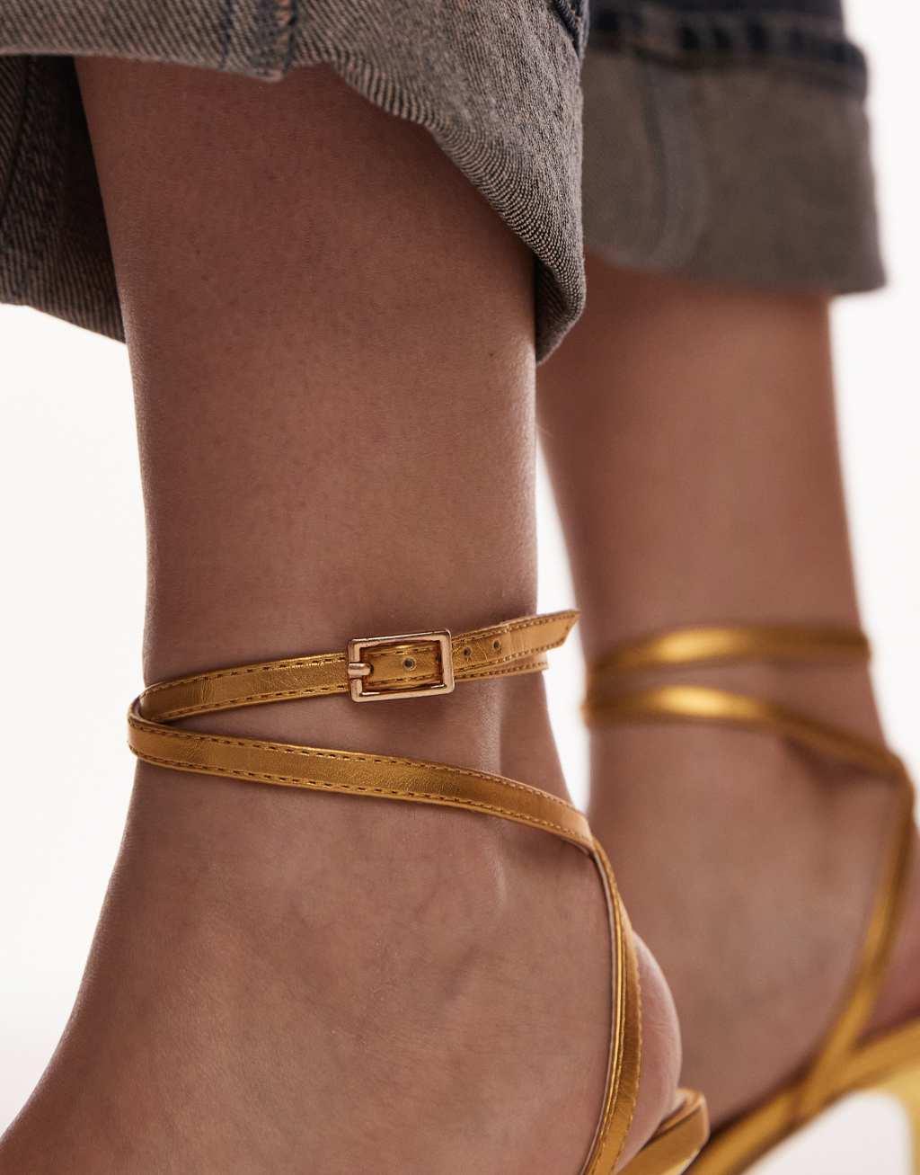 Topshop Fina barely there mid heeled sandals in gold Product Image