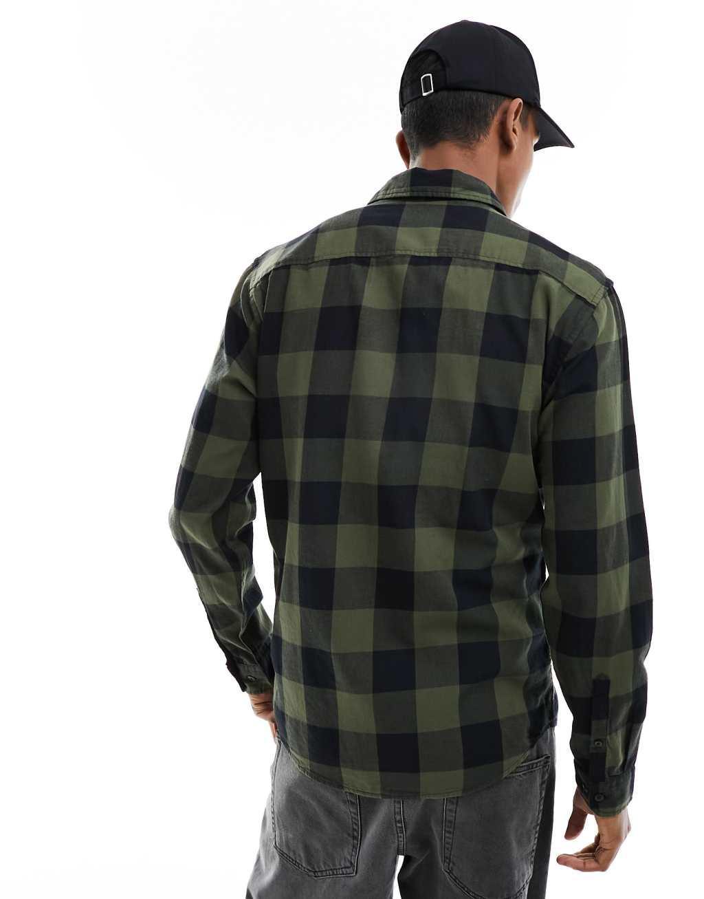 Jack & Jones Essentials buffalo plaid shirt in khaki & black Product Image