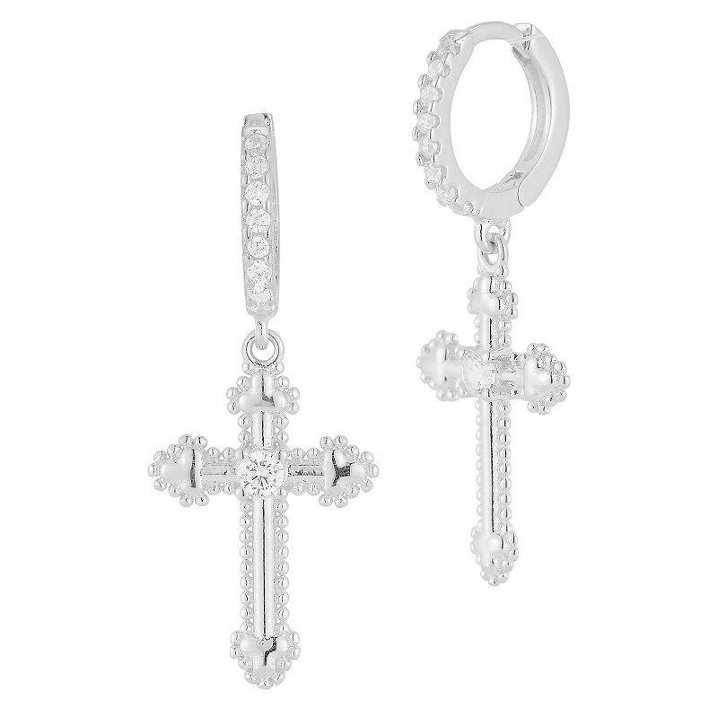 Sunkissed Sterling Cubic Zirconia Budded Cross Huggie Drop Earrings, Womens, Gold Product Image