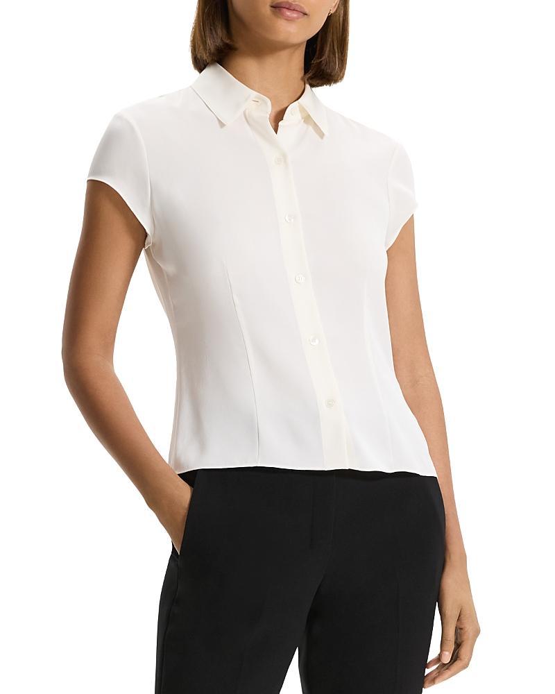 Womens Cap-Sleeve Silk Button-Front Shirt Product Image