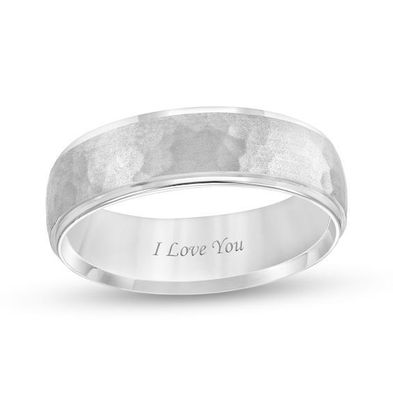 Men's 6.0mm Engravable Hammered Stepped Edge Comfort-Fit Wedding Band in Platinum (1 Line) Product Image