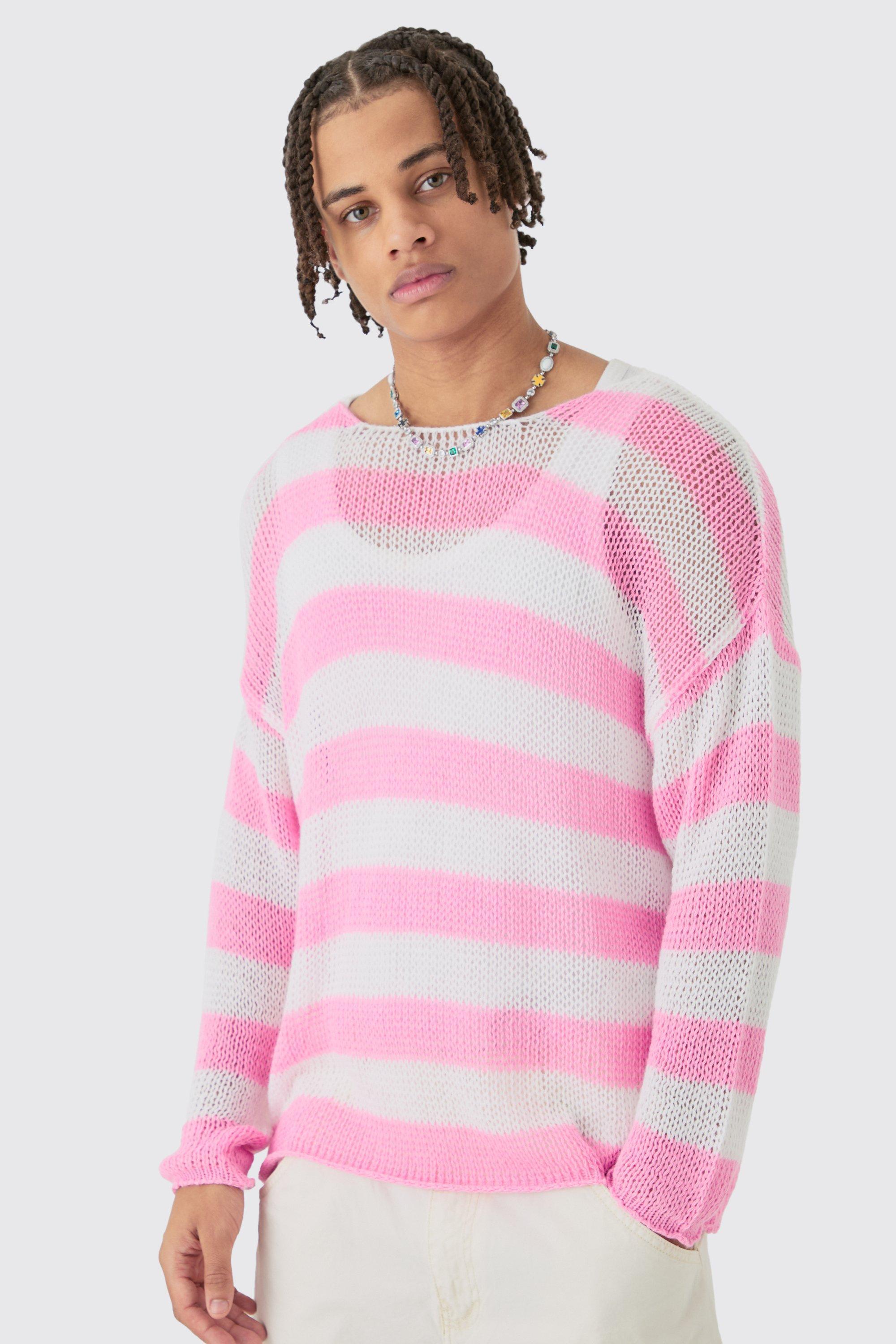 Mens Oversized Boxy Open Knit Stripe Jumper In Pink, Pink Product Image