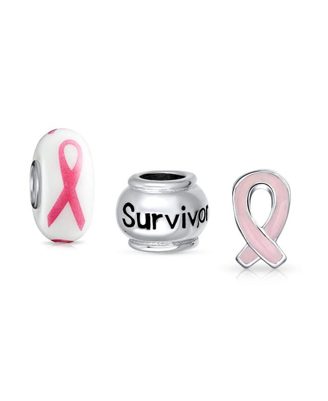 Bling Jewelry Breast Cancer Survivor Pink Ribbon Mix Set Of 3 Sterling Silver Spacer Bead Fits European Charm Bracelet For Women Product Image