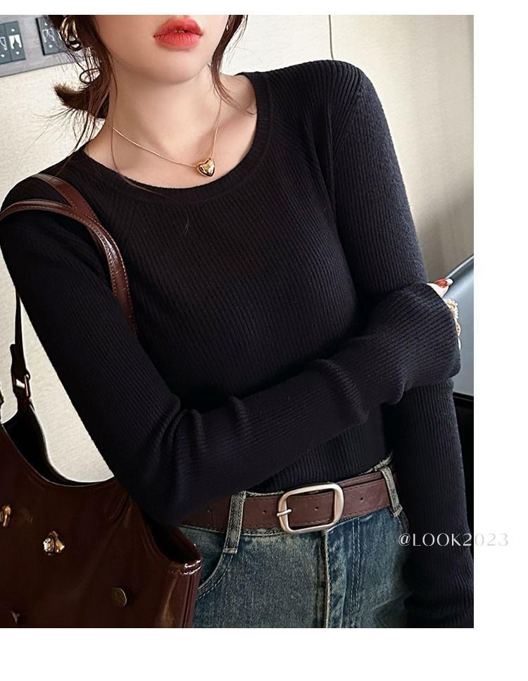 Long-Sleeve Round Neck Ribbed Knit Top Product Image