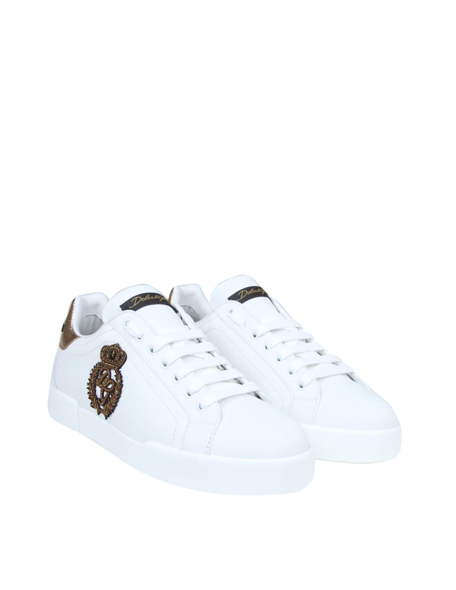 Portofino Sneakers In Leather With Side Crown Logo In White / Gold Product Image