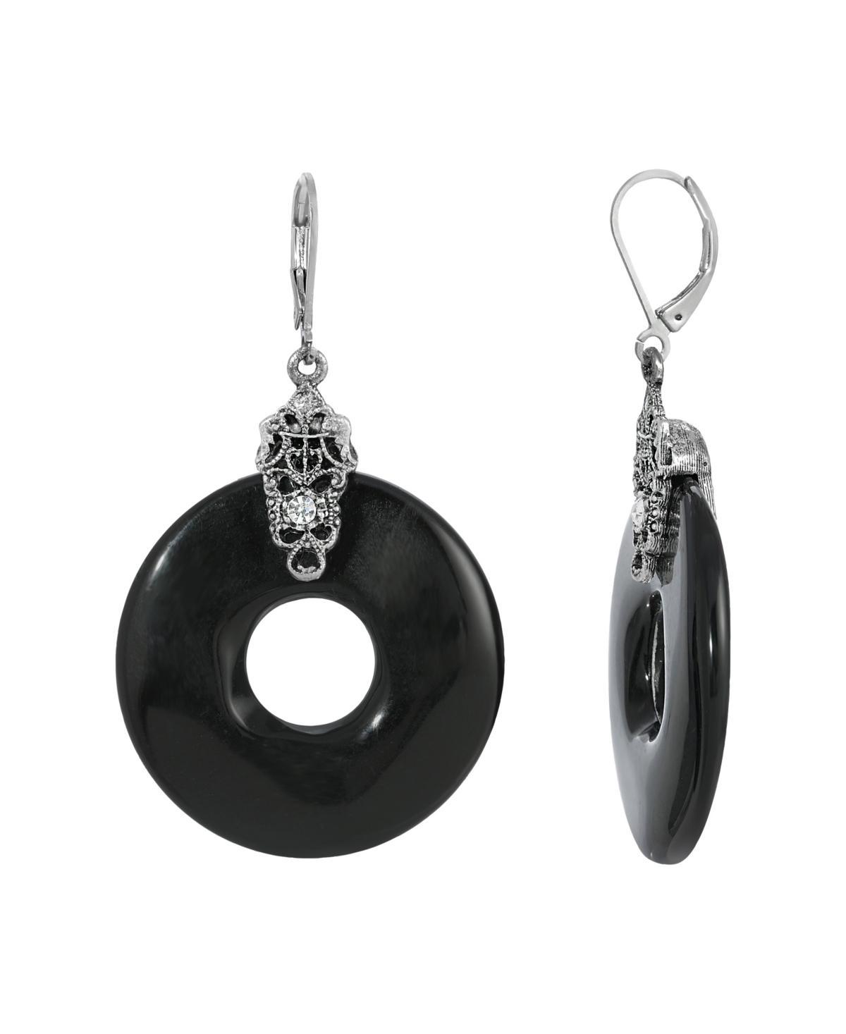 1928 Silver Tone Black Open Circle Drop Earrings, Womens Product Image