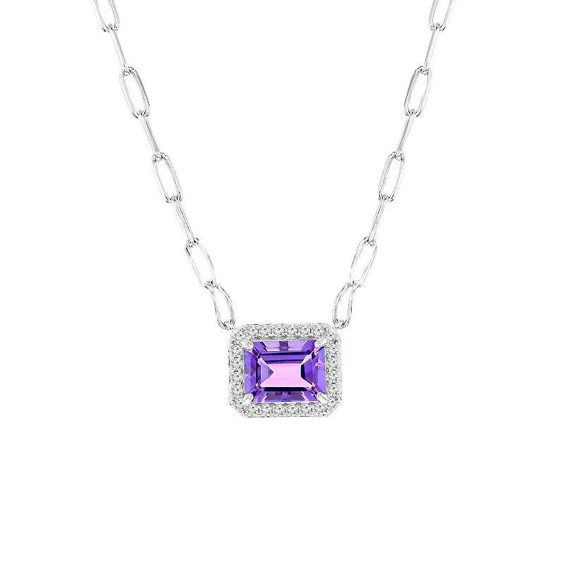 Sterling Silver Rectangle Amethyst & White Zircon Paperclip Necklace Product Image