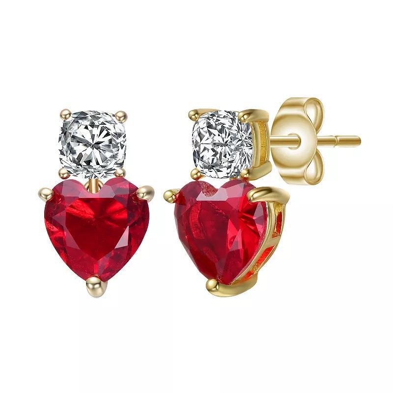 Gold Tone Cubic Zirconia Two-Stone Heart Earrings, Womens, Red Product Image