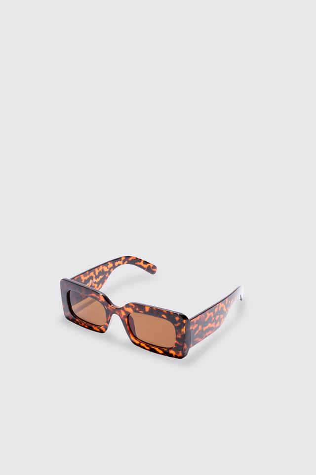 Rectangular Tortoise Shell Sunglasses In Brown | boohooMAN USA Product Image