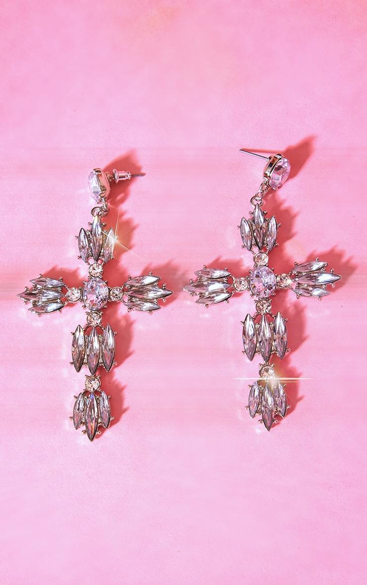 Silver Oversized Cross Jeweled Earrings Product Image