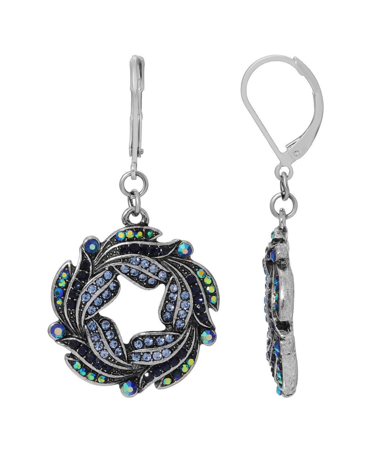 1928 Silver Tone Aurora Borealis Crystal Oxidized Wreath Drop Earrings, Womens, Blue Product Image