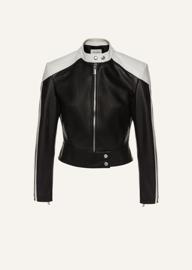 Cropped leather motorcycle jacket in black and white Product Image