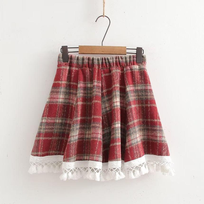 High Waist Plaid Midi A-Line Skirt Product Image