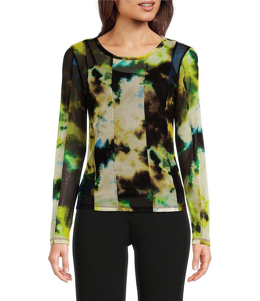 DKNY Tie-Dye Mesh Bustier Scoop Neck Long Sleeve Top Product Image