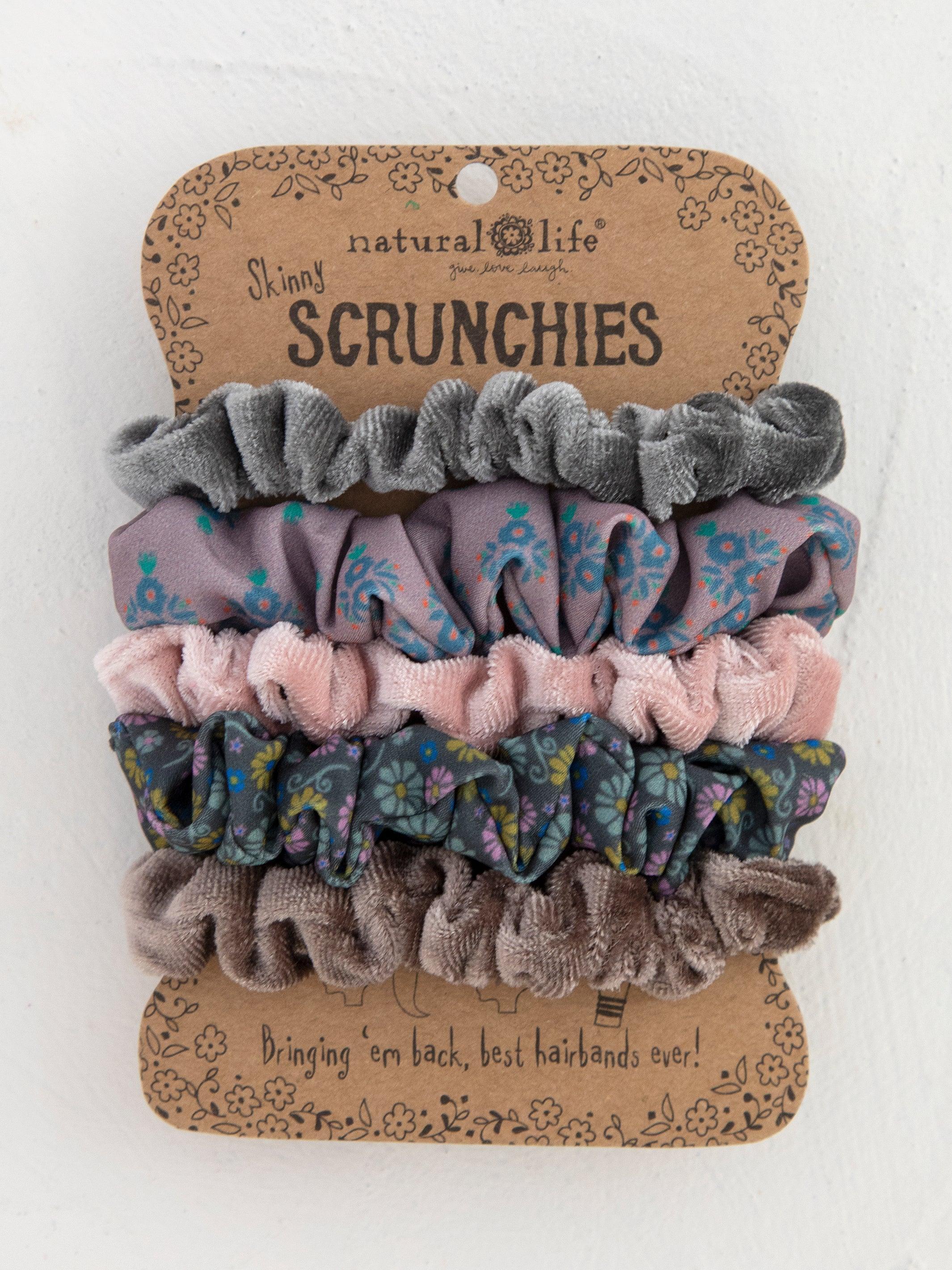 Print and Velvet Scrunchies, Set of 5 - Grey Product Image