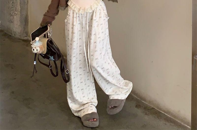 Plain Lace Trim Cardigan / Dog Embroidered Camisole Top / Drawstring Waist Bow Print Wide Leg Pants Product Image