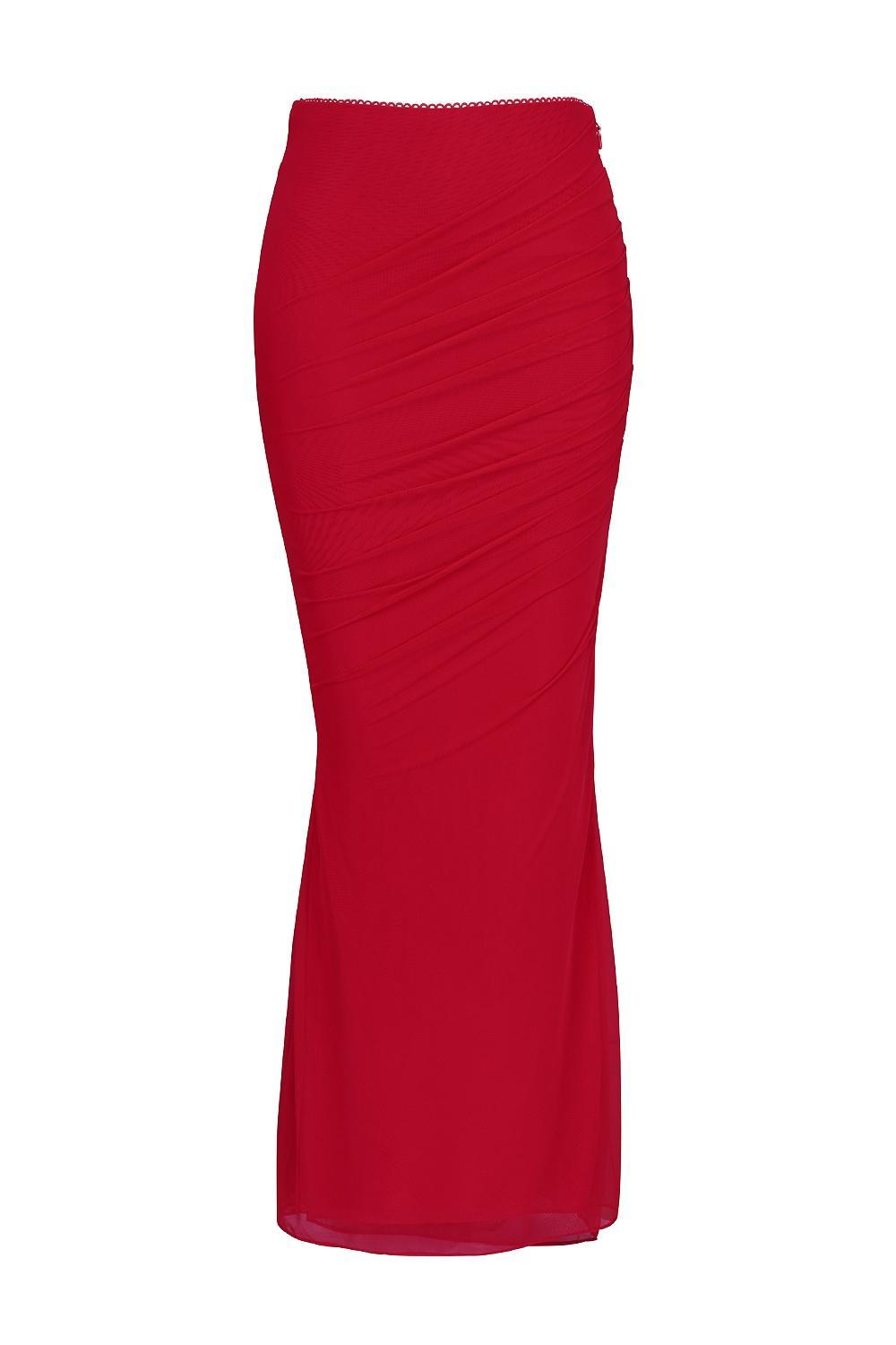 Cassidy Holly Red Mesh Maxi Skirt with Fluted Hem Product Image