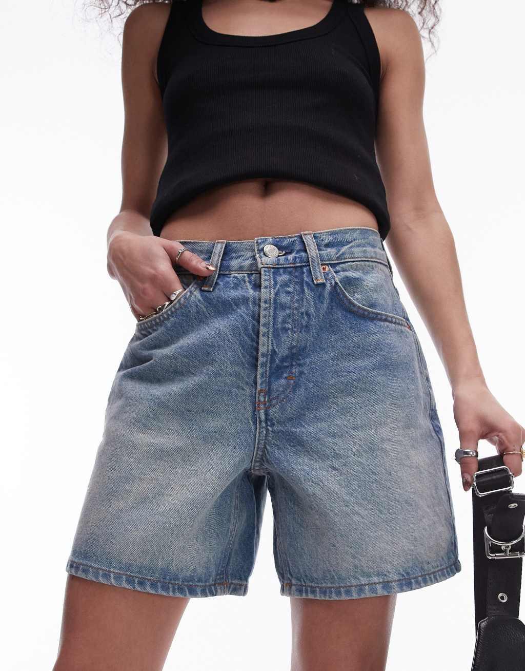 Topshop denim Editor shorts with tint in mid blue Product Image