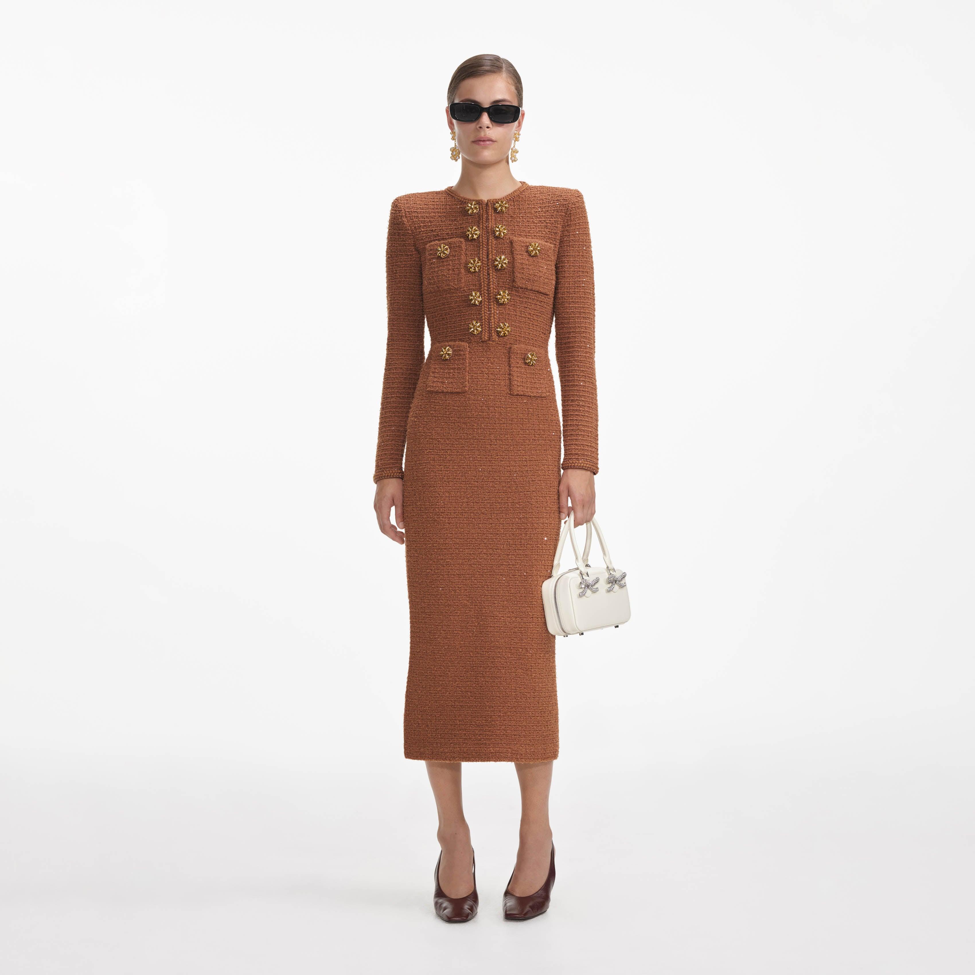 Brown Textured Knit Midi Dress Product Image