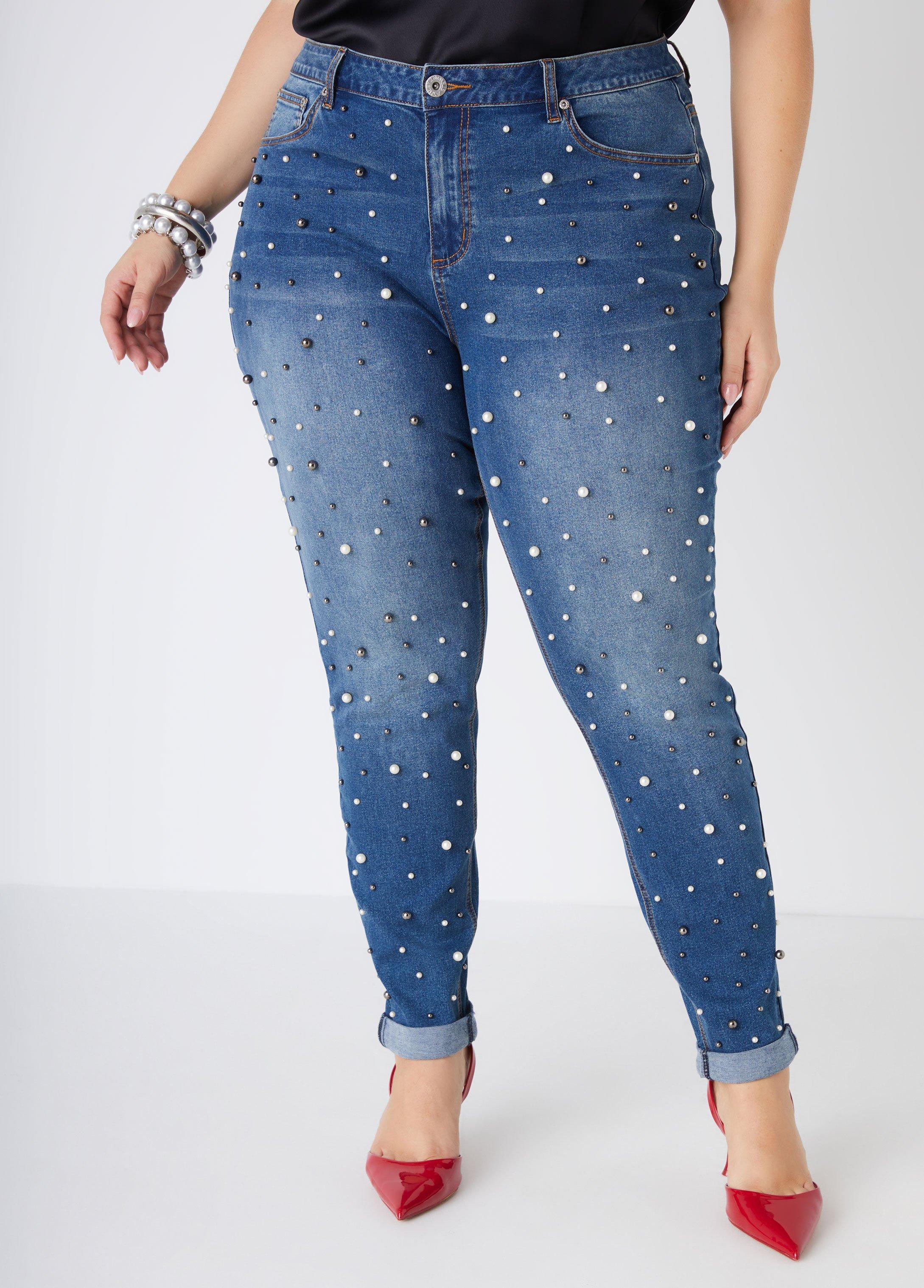 Plus Size Faux Pearl Skinny Jeans Ashley Stewart Product Image