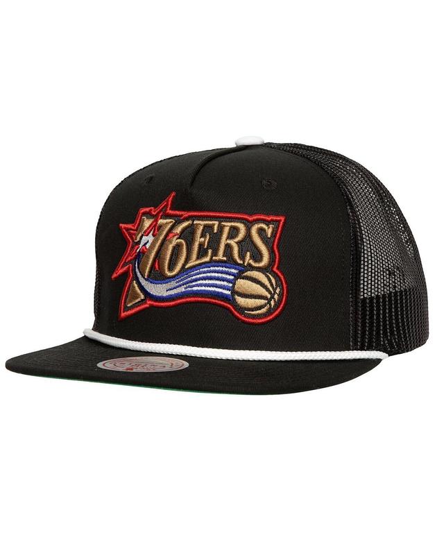 Mens Mitchell & Ness Black Philadelphia 76ers Roper Meshback Trucker Snapback Hat Product Image