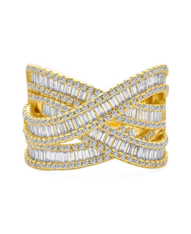 Pave Aaa Cz Crossover Criss Cross Costume Faux Stacking Wide Statement Cocktail 4 Row Baguette Multi Band Ring For Women Product Image