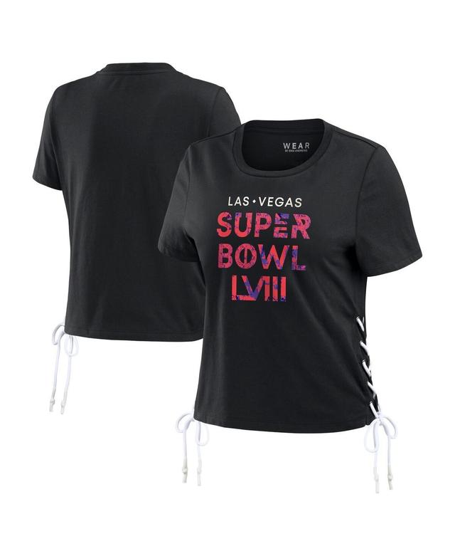 Womens Wear by Erin Andrews Black Super Bowl Lviii Cropped Lace-Up T-shirt Product Image