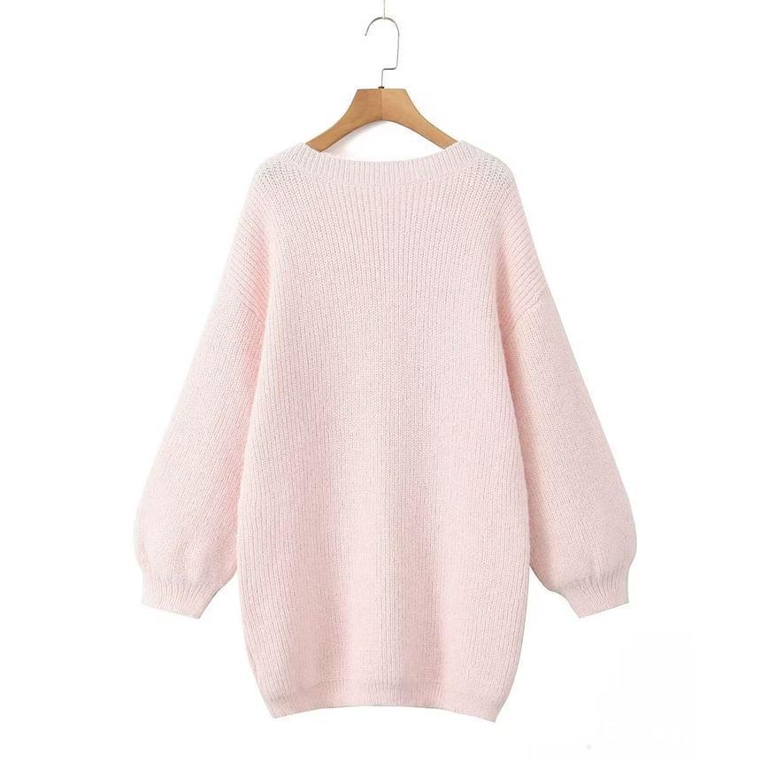 Long-Sleeve V-Neck Plain Sweater Product Image