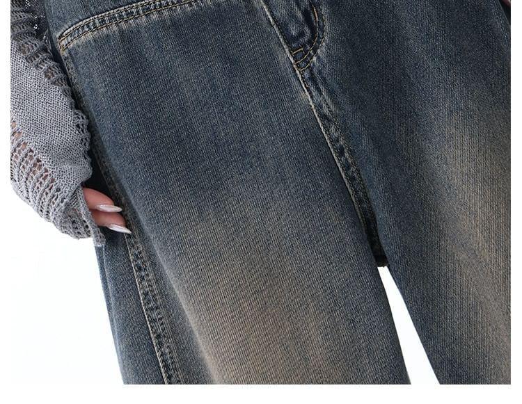 Mid Rise Washed Frayed Wide Leg Jeans Product Image