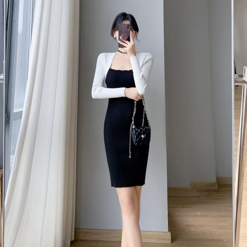 Long-Sleeve Square Neck Two Tone Ribbed Mini Sheath Knit Dress Product Image