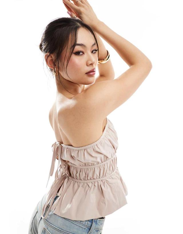 ASOS DESIGN bubble hem shirred bandeau top with tie back in stone Product Image