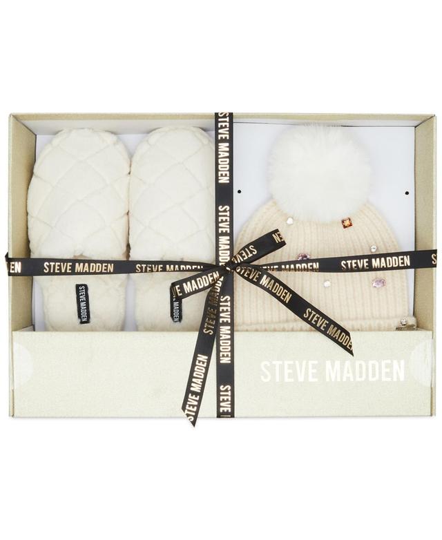 Steve Madden Womens 2-Pc. Embellished Beanie & Faux-Fur Slippers Boxed Gift Set Product Image