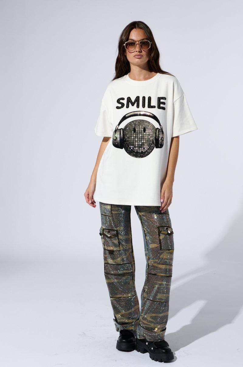 SMILE RHINESTONE DETAIL OVERSIZED TSHIRT IN WHITE Product Image