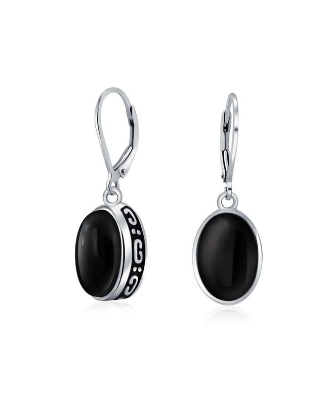 Simple Western Style 3.2CT Dyed Black Onyx Dome Oval Bezel Set Lever Back Dangle Earrings For Women.925 Sterling Silver Product Image