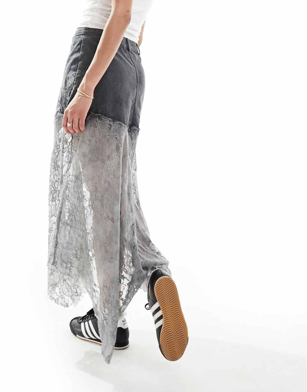 Reclaimed Vintage western denim & lace maxi skirt Product Image