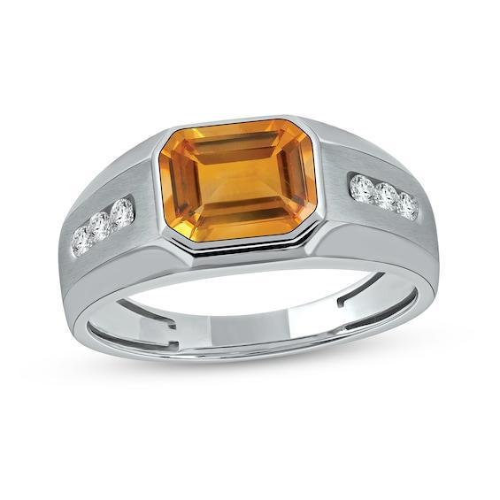 Men's Sideways Octagonal Citrine and White Lab-Created Sapphire Tri-Sides Channel Band in Sterling Silver Product Image