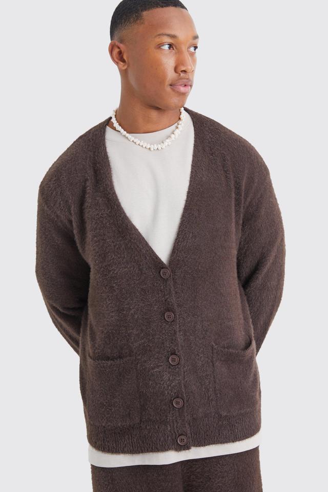 Boxy Fluffy Knitted Cardigan | boohooMAN USA Product Image