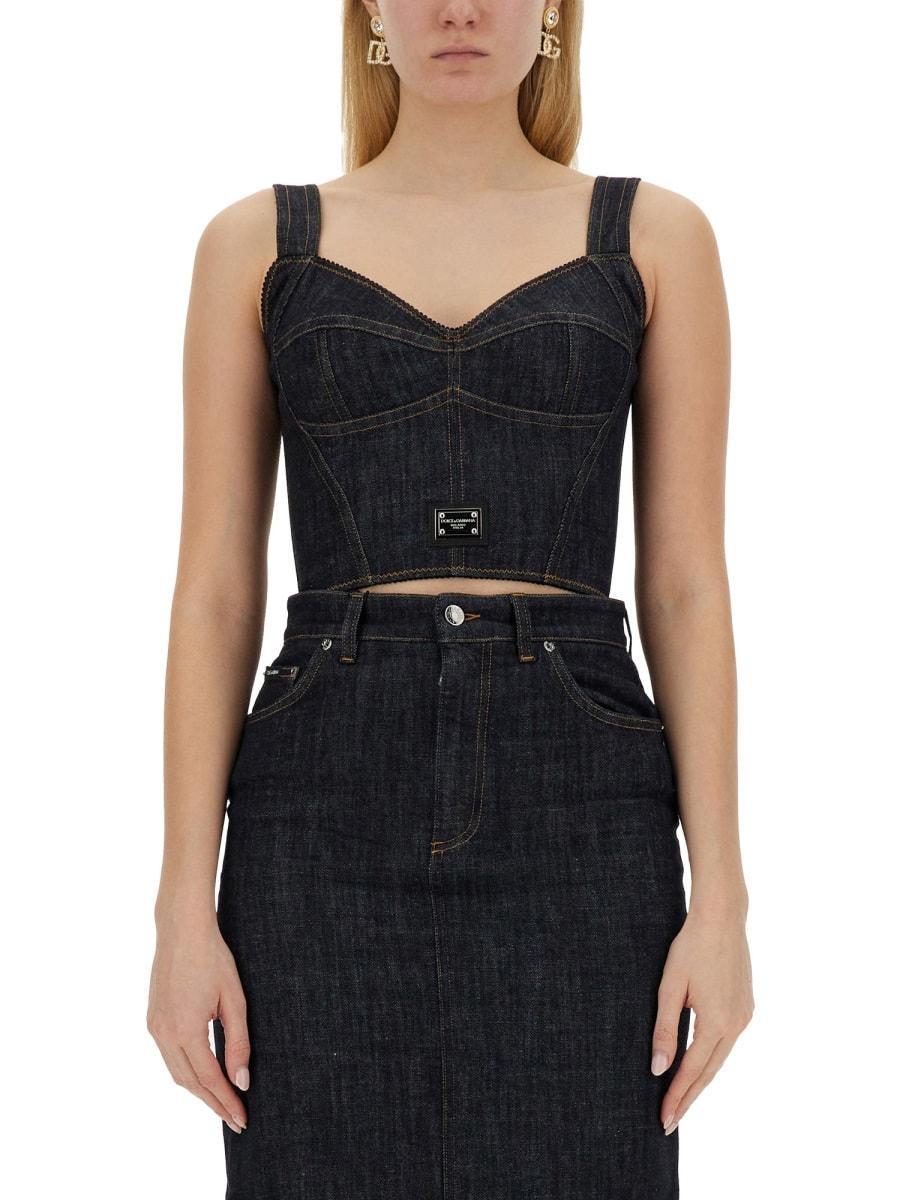 DOLCE & GABBANA Denim Bustier With Logo Plaque In Black Product Image