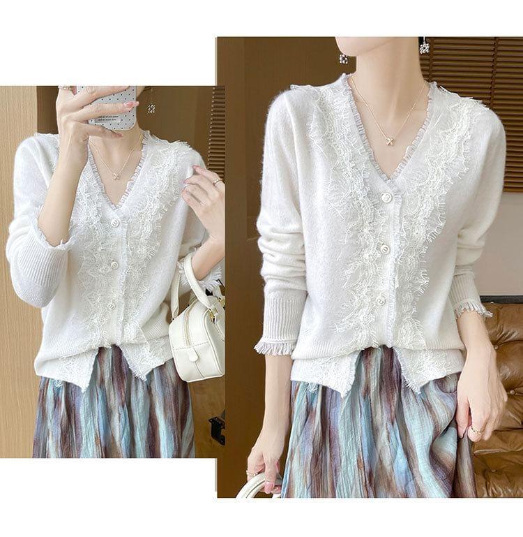 V-Neck Plain Lace Trim Fringed Button-Up Cardigan Product Image