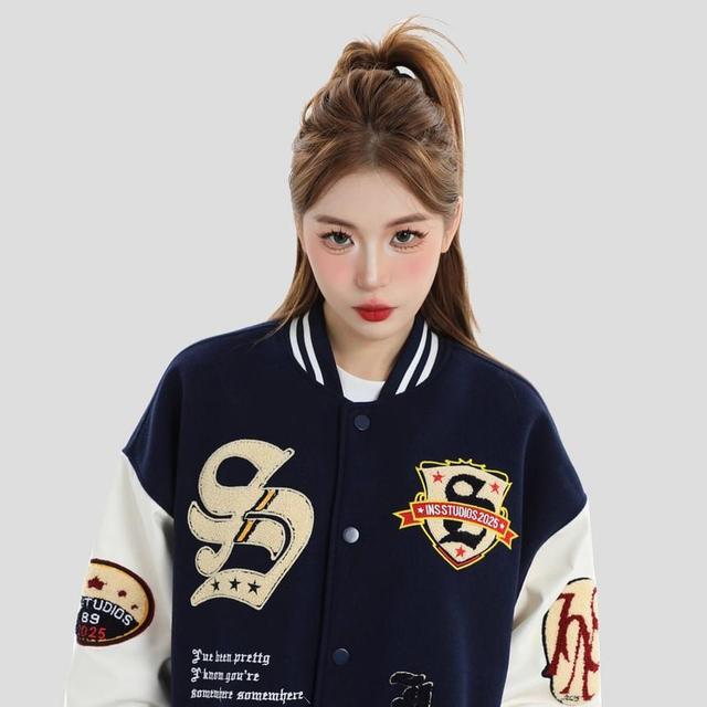 Patched Button-Up Baseball Jacket Product Image